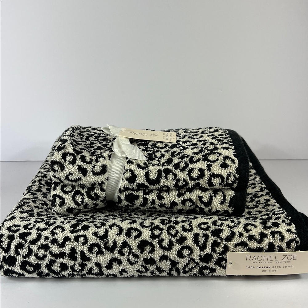 3 Pc Rachel Zoe Bath Towel Set Leopard Cheetah Animal Print Black Off White NEW